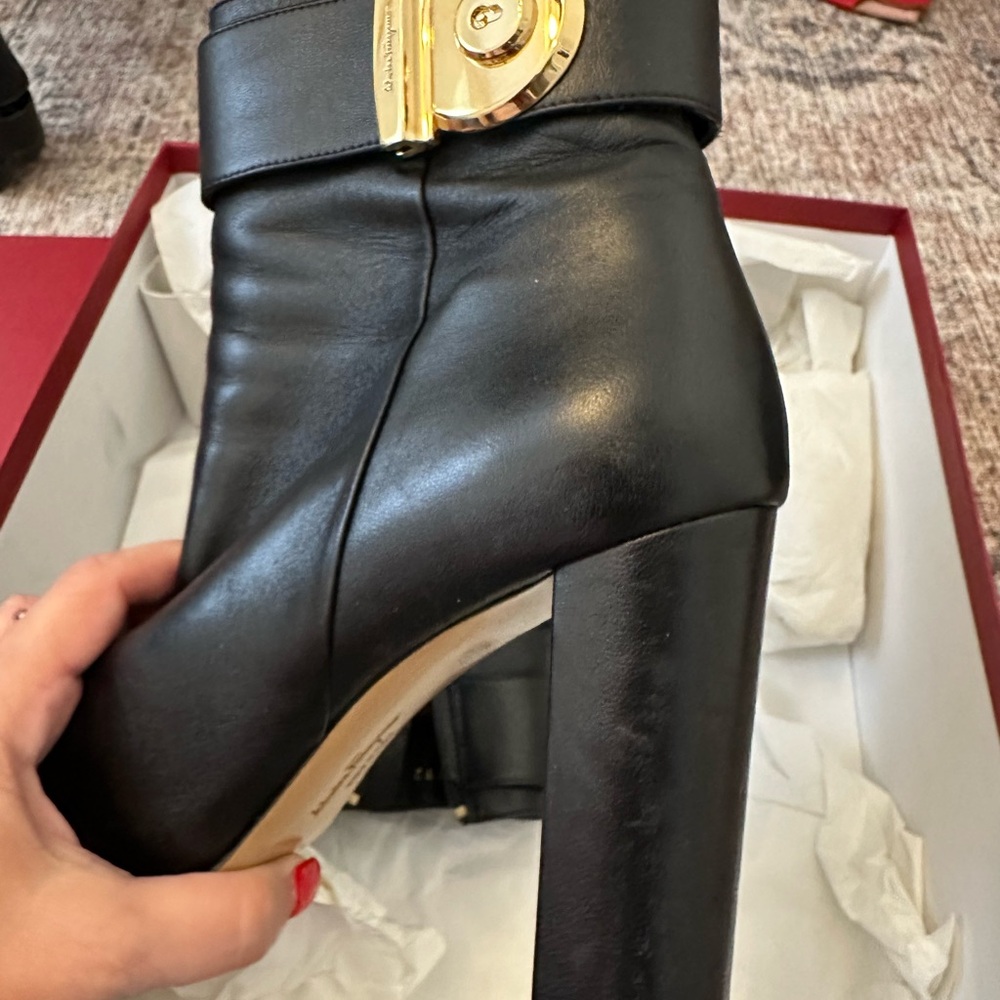 Salvatore Ferragamo Fiamna black leather booties Gold hardware